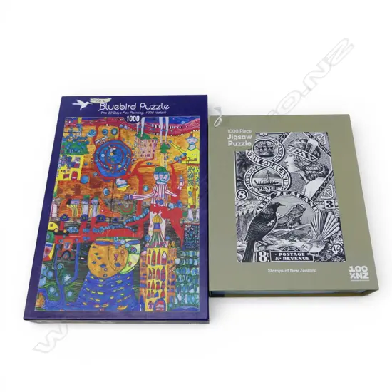TWO 1000PC JIGSAW PUZZLES, HUNDERTWASSER & STAMPS OF NZ, ‘AS NEW’