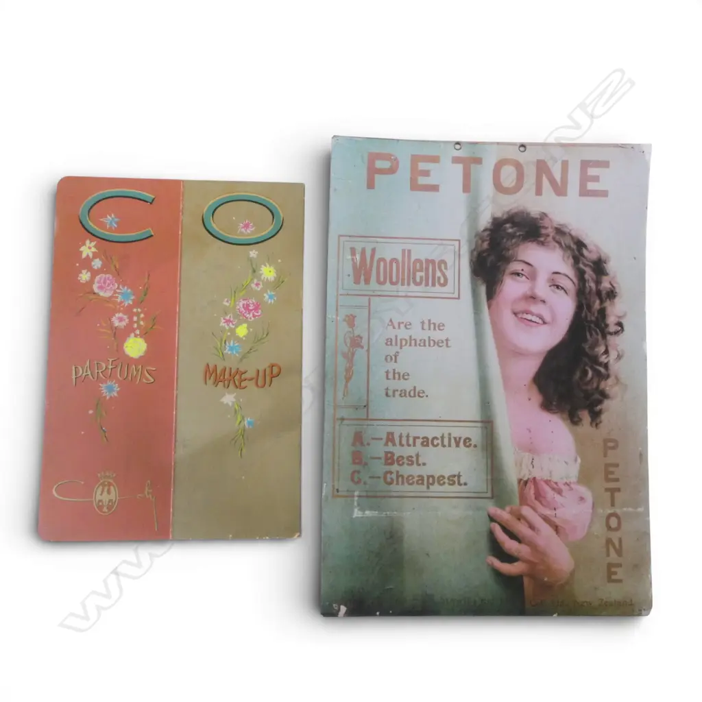 2 CARD ADVERTISING BOARDS: 'PETONE WOOLLENS' 530 x 570mm later production + 1 x vintage 'CO PARFUMS MAKE-UP' Image 1++