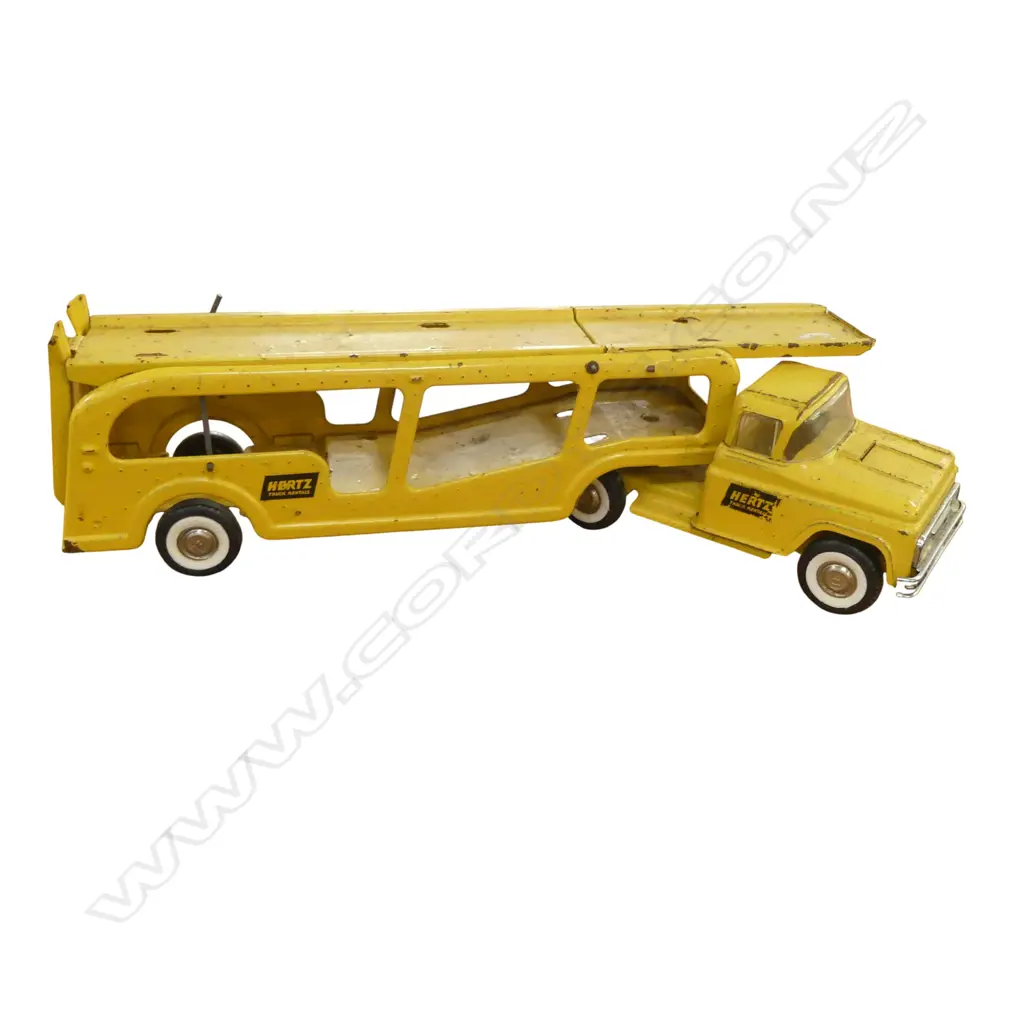 VINTAGE YELLOW METAL CAR TRANSPORTER TOY L.690mm Image 1++