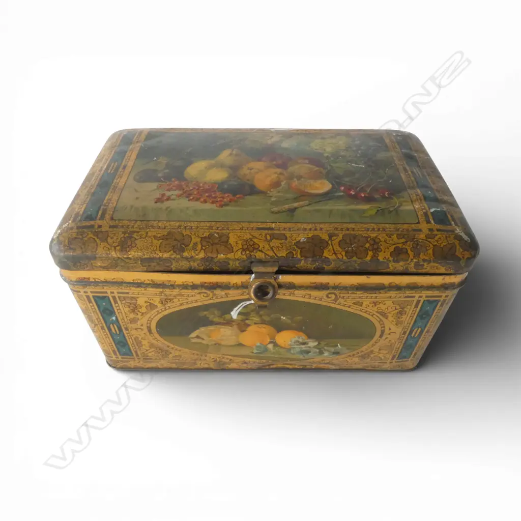 LGE VINTAGE CASKET FORM TIN BISCUIT BOX W.320mm Image 1++