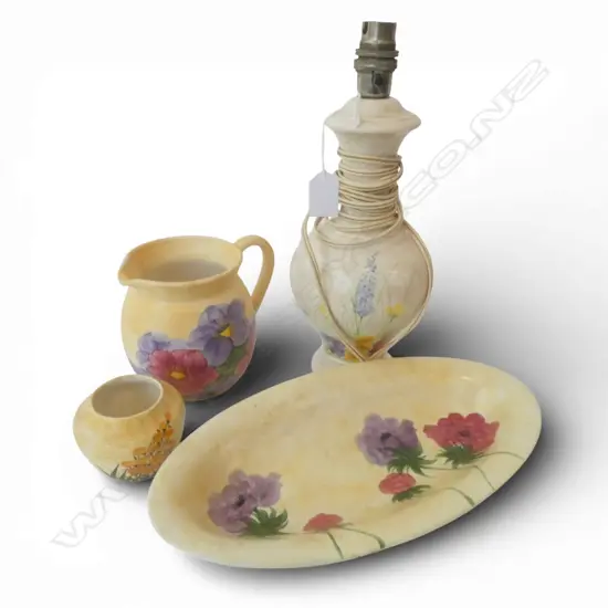 4 PCES RADFORD CHINA: baluster lamp base H.300mm + jug + oval dish + small  vase