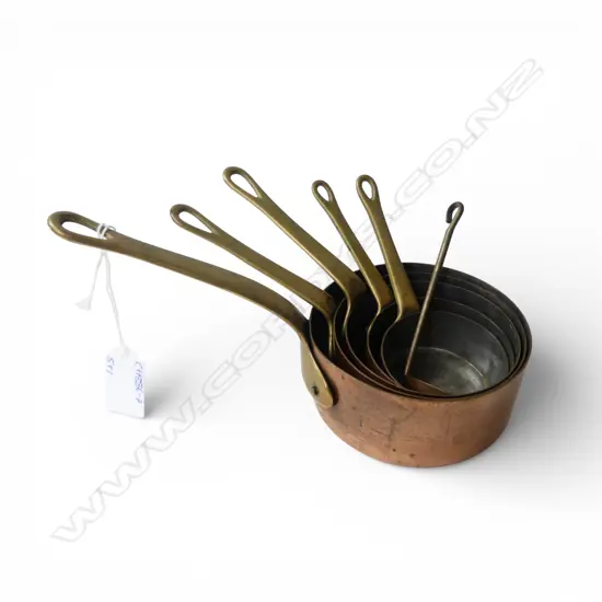 SET OF 5 SMALL GRADUASTED COPPER PANS Dia.100mm + LADLE 