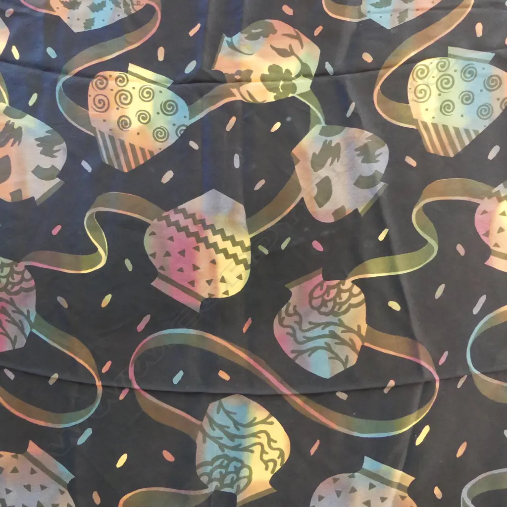 VINTAGE 'SALLY JONES' USA SILK DESIGNER 'SCREENED' PRINTED SCARF. Vases & ribbons. Labelled Image 1++