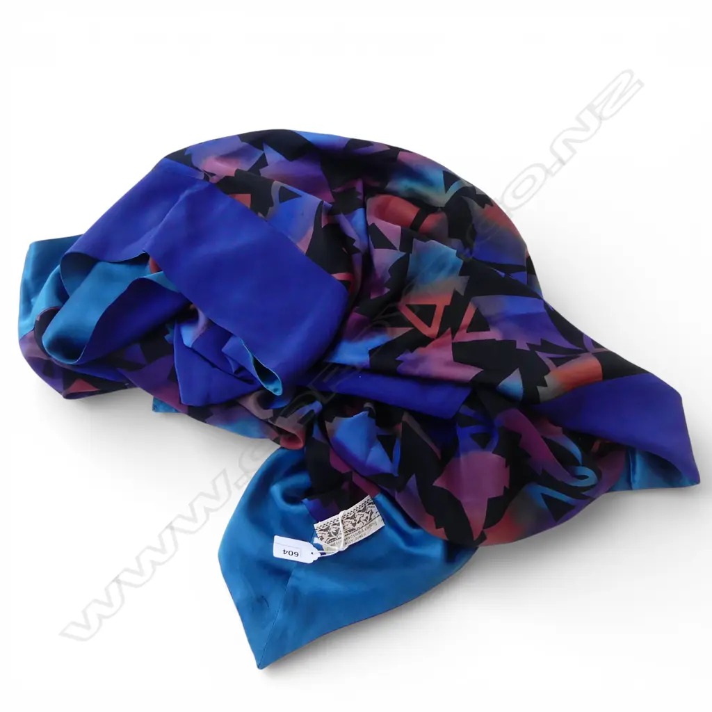 VINTAGE 'SALLY JONES' USA SILK DESIGNER 'SCREENED' PRINTED SCARF. Angular teapots. Labelled Image 1++