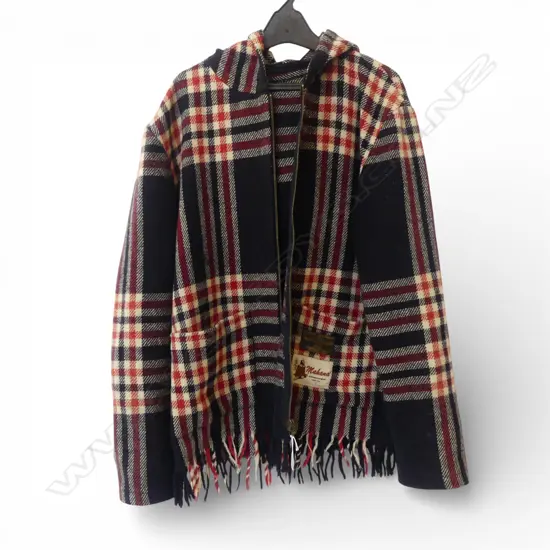 HOODED JACKET MADE FROM WOOL BLANKET (MENS SIZE M/L) HOLE UNDER ONE ARM
