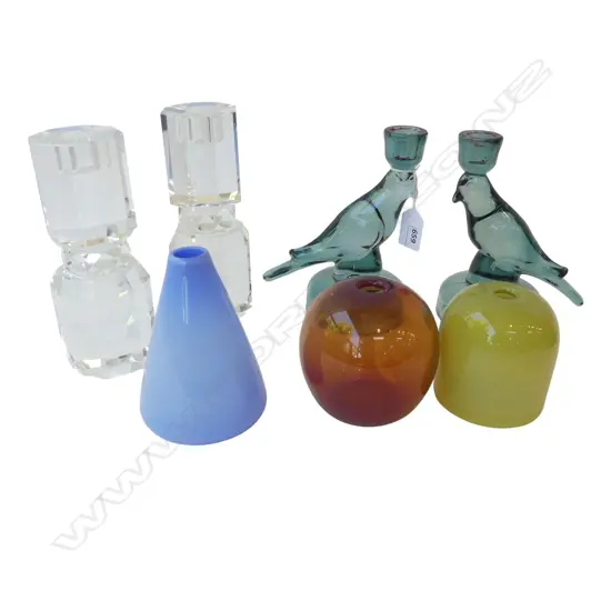 7 PCES GLASS; 3 MONMOUTH VASES, 2 PRS CANDLESTICKS (LUSSO BIRDS, CRYSTAL H.185mm)