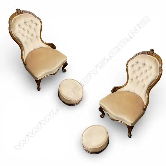 VICTORIAN GRANDFATHER & GRANDMOTHERS CHAIR + 2 FOOT STOOLS