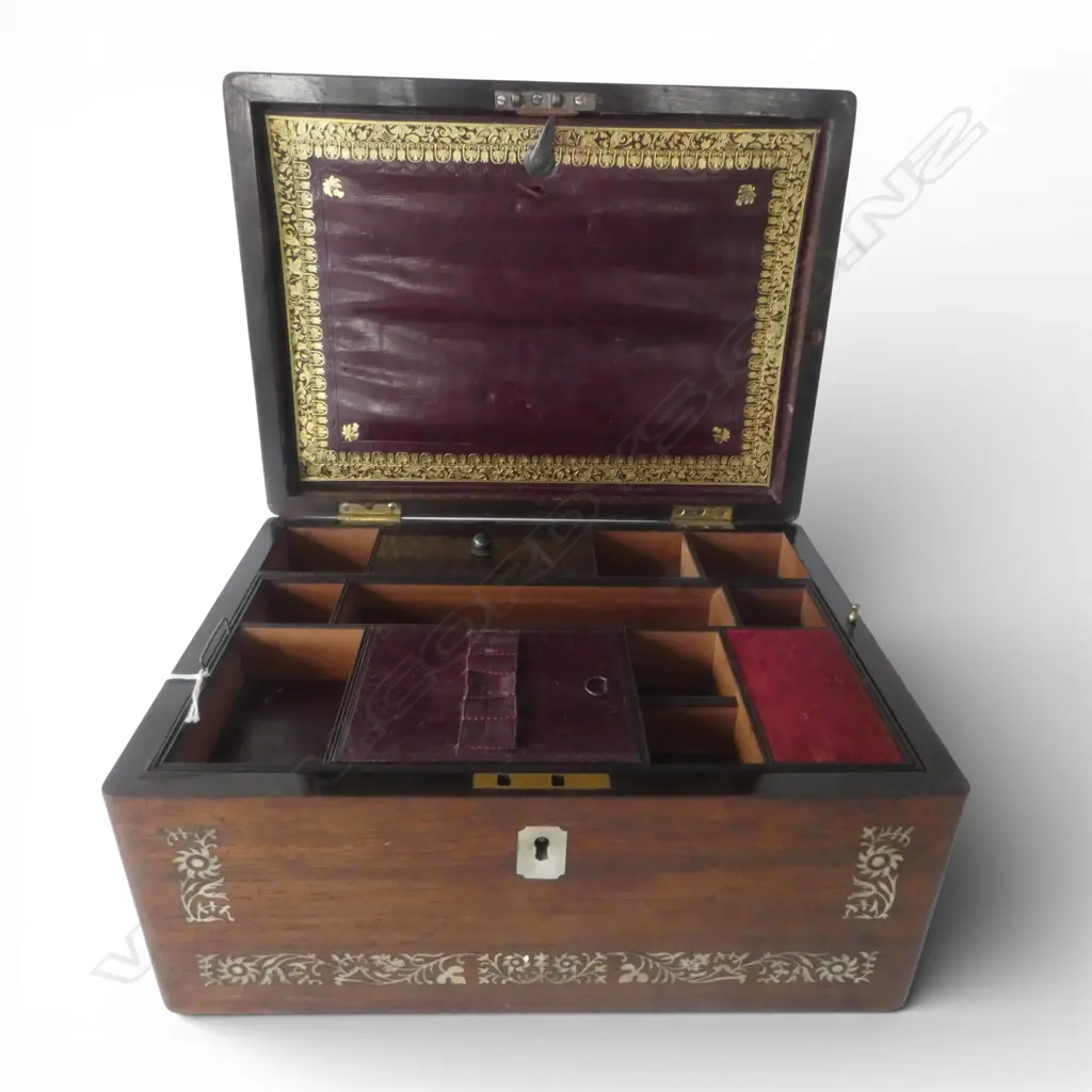 VICT ROSEWOOD MOP INLAID FITTED JEWLERY BOX WITH SECRET DRAWER L300 H160MM Image 1++