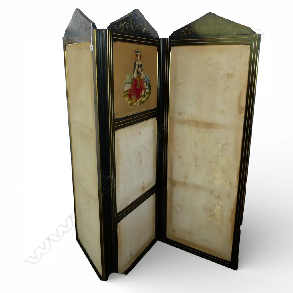 VINTAGE 3 PANEL SCREEN with various panels, some tears H.1890mm Image 1++