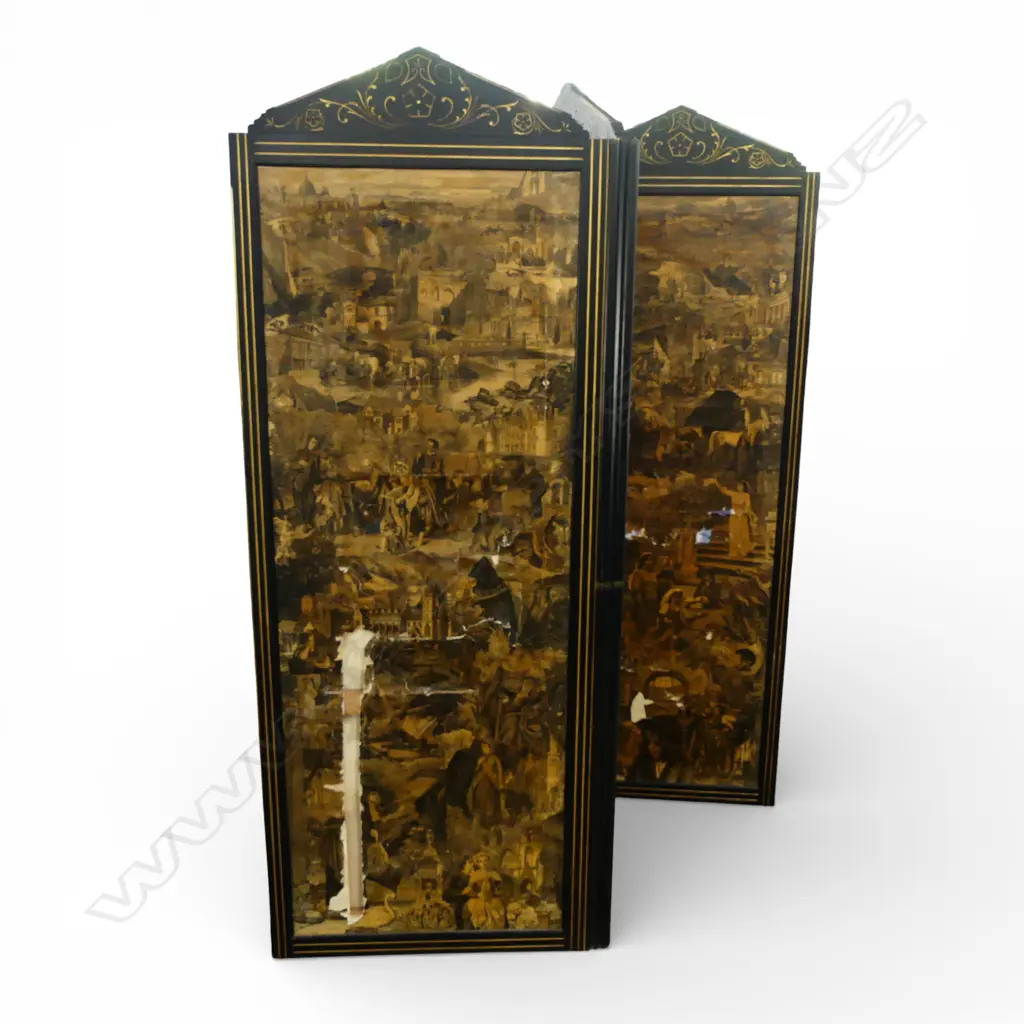 VINTAGE 3 PANEL SCREEN with various panels, some tears H.1890mm Image 1++