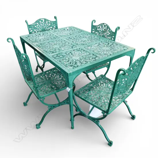 ENDERSLEA GREEN painted cast aluminium PATIO TABLE & 4 CHAIRS 1310 x 905 x 730mm