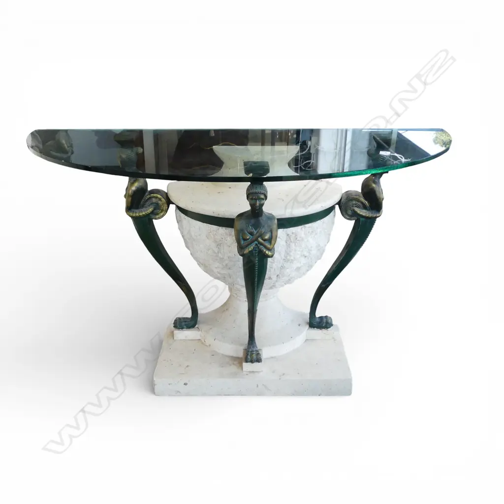 MODERN CLASSIC MARBLE LOOK DEMI-LUNE GLASS TOP TABLE 1200x500x750mm Image 1++
