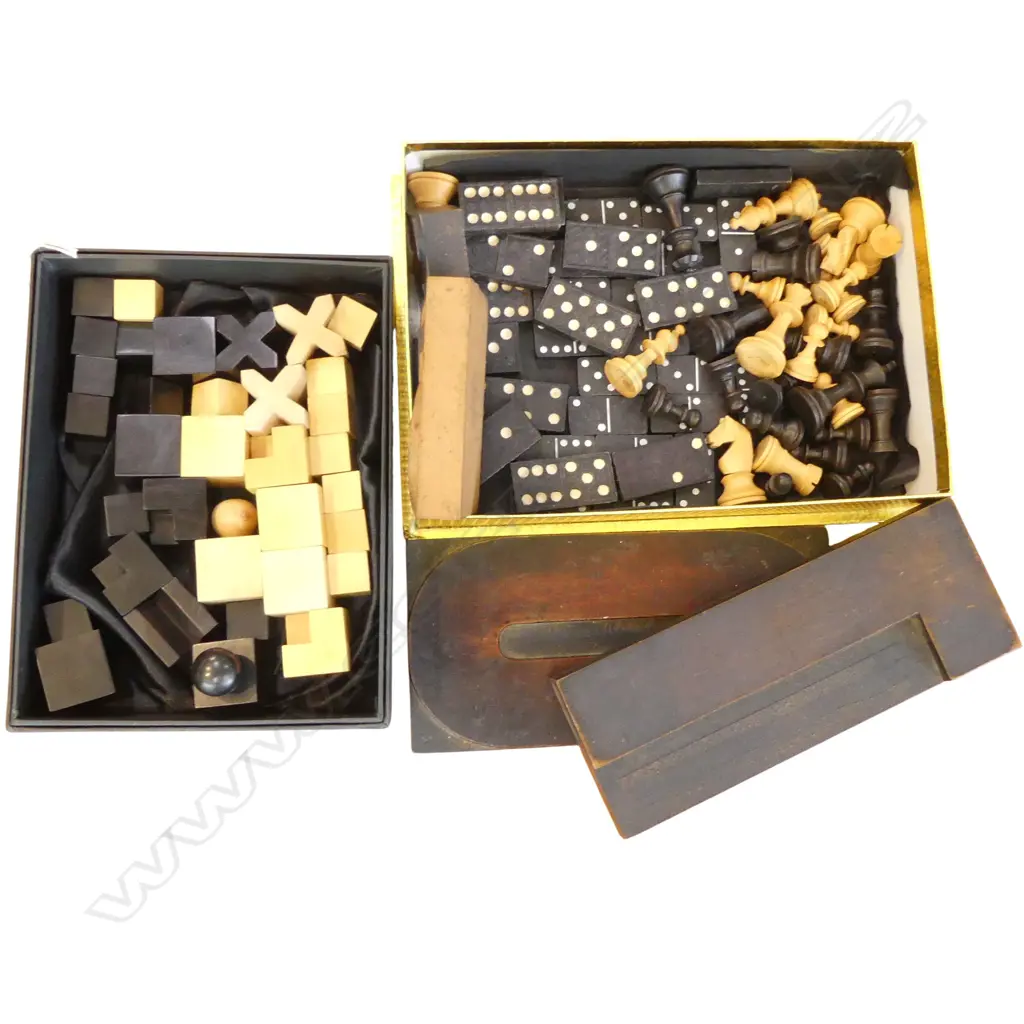 2 CHESS SETS: 1 contemporary + 1 Staunton, 2 PART DOMINO SETS, 4 WOODEN PRINTERS BLOCKS Image 1++
