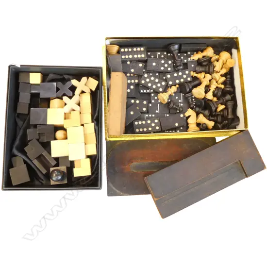 2 CHESS SETS: 1 contemporary + 1 Staunton, 2 PART DOMINO SETS, 4 WOODEN PRINTERS BLOCKS
