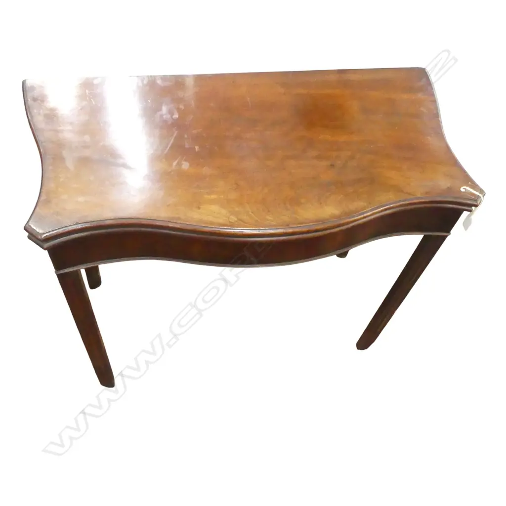 QUALITY GEORGIAN MAHOGANY CARD TABLE, SERPENTINE FORM, RED LEATHER TOP 915x440x740mm Image 1++