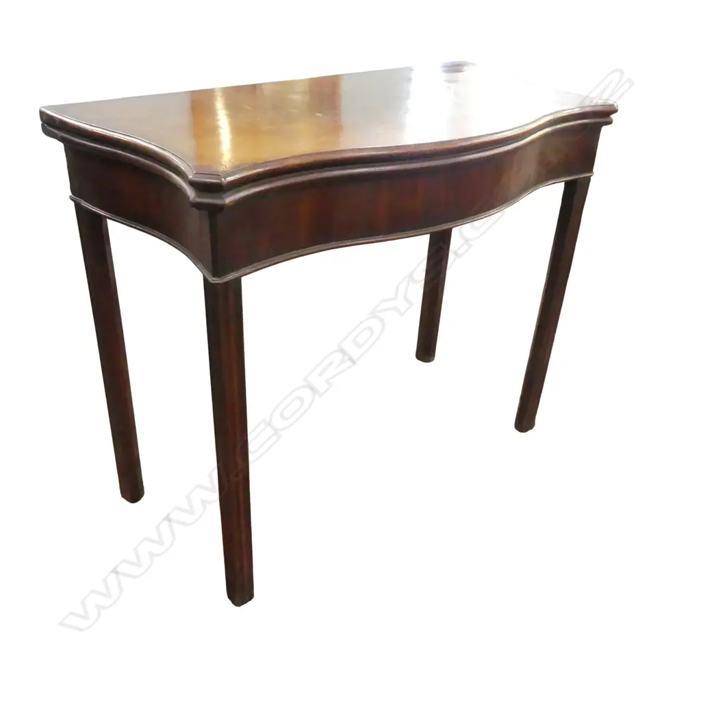 QUALITY GEORGIAN MAHOGANY CARD TABLE, SERPENTINE FORM, RED LEATHER TOP 915x440x740mm Image 1++