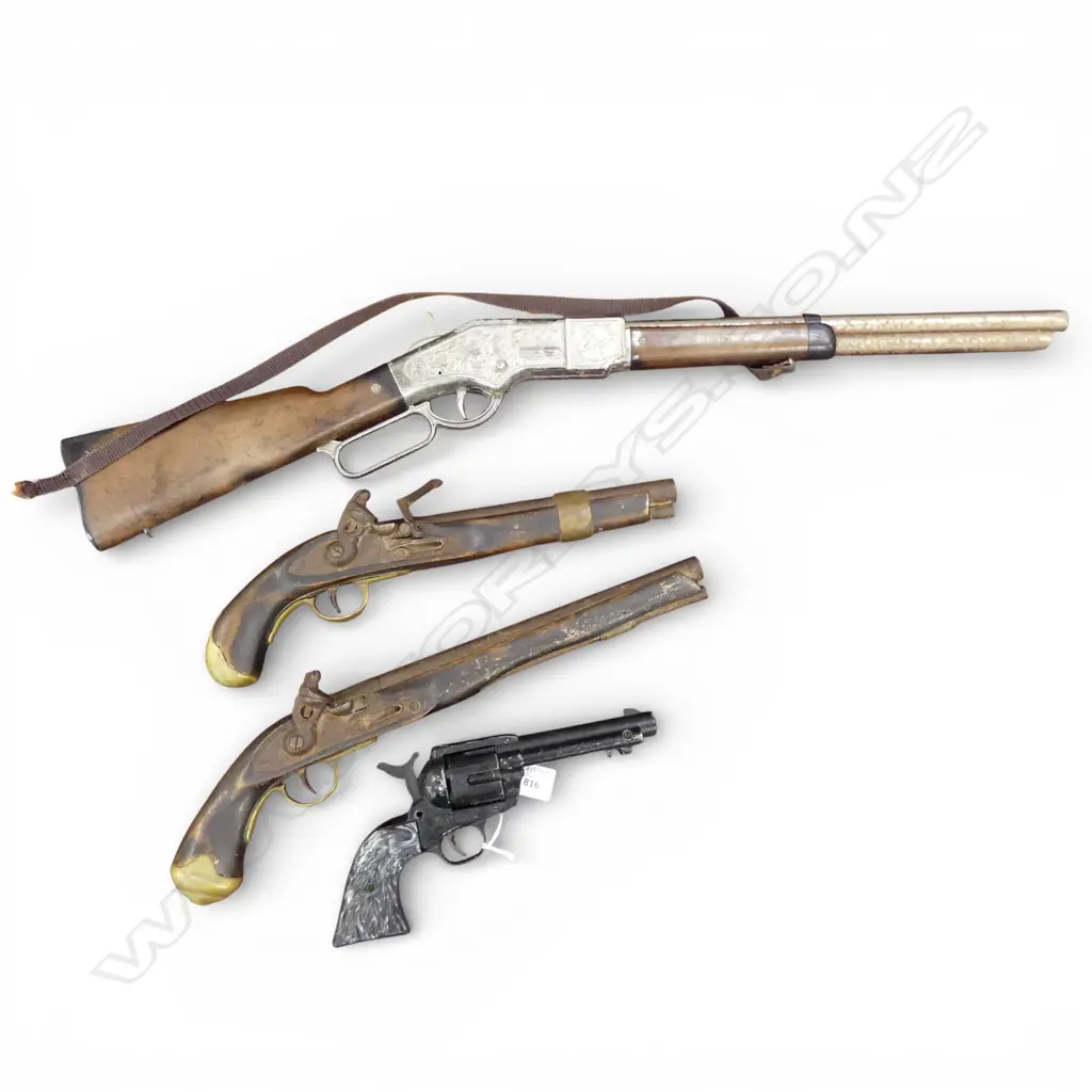 4 GUNS; CROSMAN .22, 2 ANTIQUE STYLE PISTOLS, GONHER TOY RIFLE Image 1++