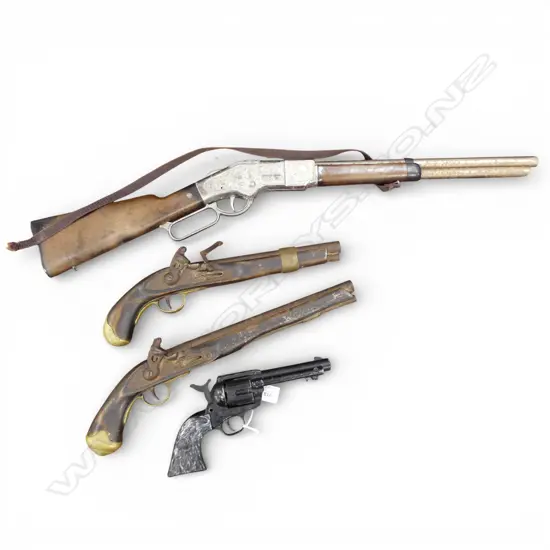 4 GUNS; CROSMAN .22, 2 ANTIQUE STYLE PISTOLS, GONHER TOY RIFLE
