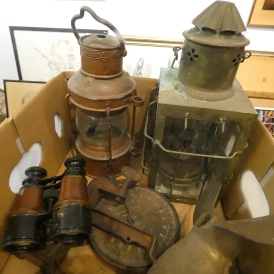 2 LANTERNS,, BRASS PROPELLER, OPERA GLASSES ETC