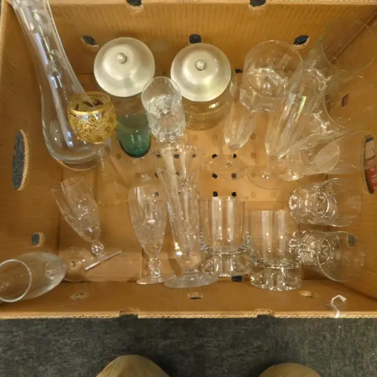 COLLECTION OF CRYSTAL VASES, CHAMPAGNE FLUTES, GLASSES, LIDDED CONTAINERS