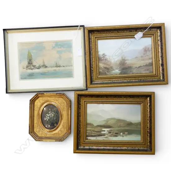 2 FRAMED PRINTS, SIGNED WATERCOLOUR DEPICITNG JUNKERS & FLORAL PAINTING
