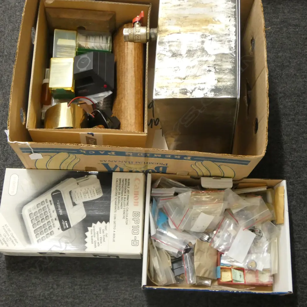 BOX OF WATCH PARTS S/STEEL LIDDED TANK CALCULATOR ETC Image 1++