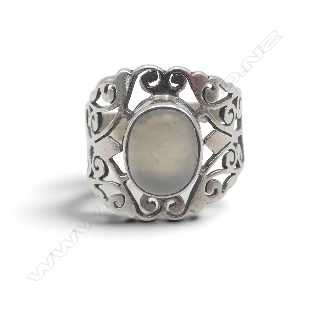 SILVER & MOONSTONE CABOCHON RING wide pierced scroll mount Image 1++