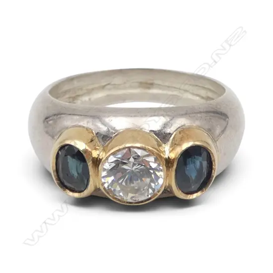 DESIGNER SILVER band with 18ct GOLD rub over mount with 2 SAPPHIRE & CZ STONE in RING SIZE S