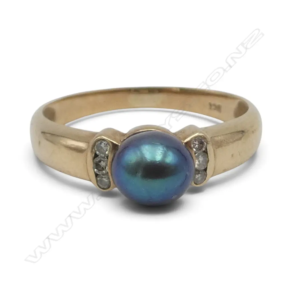 9ct YELLOW GOLD BLACK CULTURED PEARL & DIAMOND RING  2.1gms SIZE N Image 1++