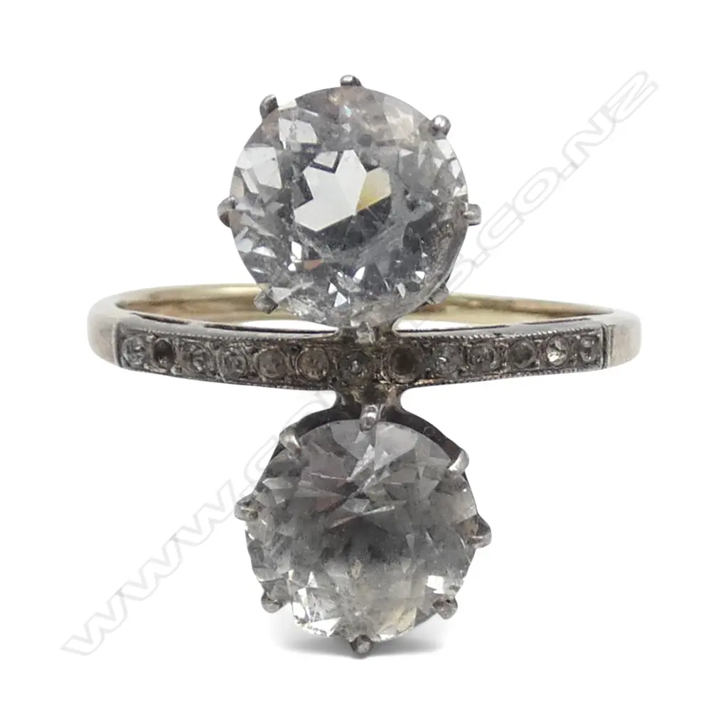9ct two toned gold, EARLY CUT WHITE STONE RING  1missing small stone 2.37gms SIZE M ( NOT Diamonds) Image 1++