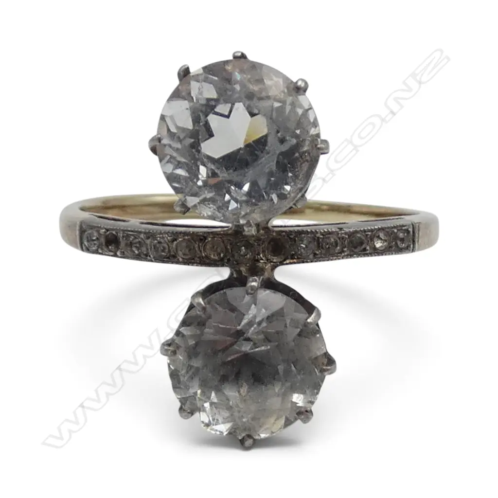 9ct two toned gold, EARLY CUT WHITE STONE RING  1missing small stone 2.37gms SIZE M ( NOT Diamonds) Image 1++