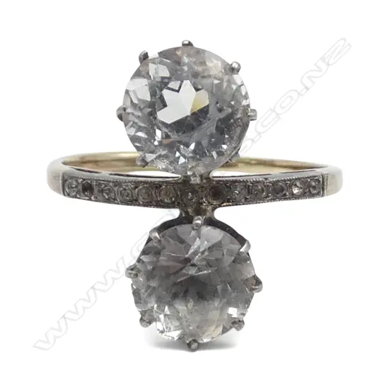9ct two toned gold, EARLY CUT WHITE STONE RING  1missing small stone 2.37gms SIZE M ( NOT Diamonds)