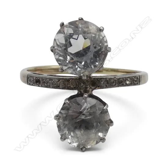 9ct two toned gold, EARLY CUT WHITE STONE RING  1missing small stone 2.37gms SIZE M ( NOT Diamonds)