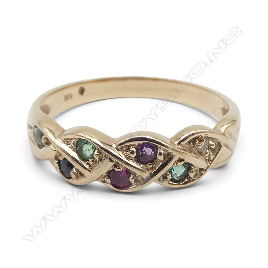 9ct YELLOW GOLD & MULTI COLOURED GEMSTONE RING 2.28gms SIZE O Image 1++