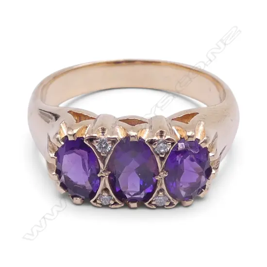9ct YELLOW GOLD & 3 AMETHYST RING with small diamonds 5.43gms SIZE N1/2