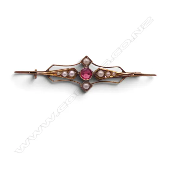 EDWARDIAN 9ct GOLD BROOCH w pearls & red stone 2.5gms
