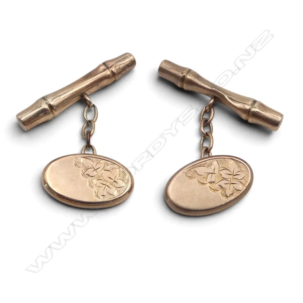 PR EARLY 20thC 9ct ROSE GOLD CUFFLINKS bamboo & disc. 2.6gms Image 1++
