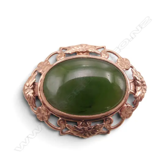 9ct ROSE GOLD & POUNAMU OVAL BROOCH 9.2gms
