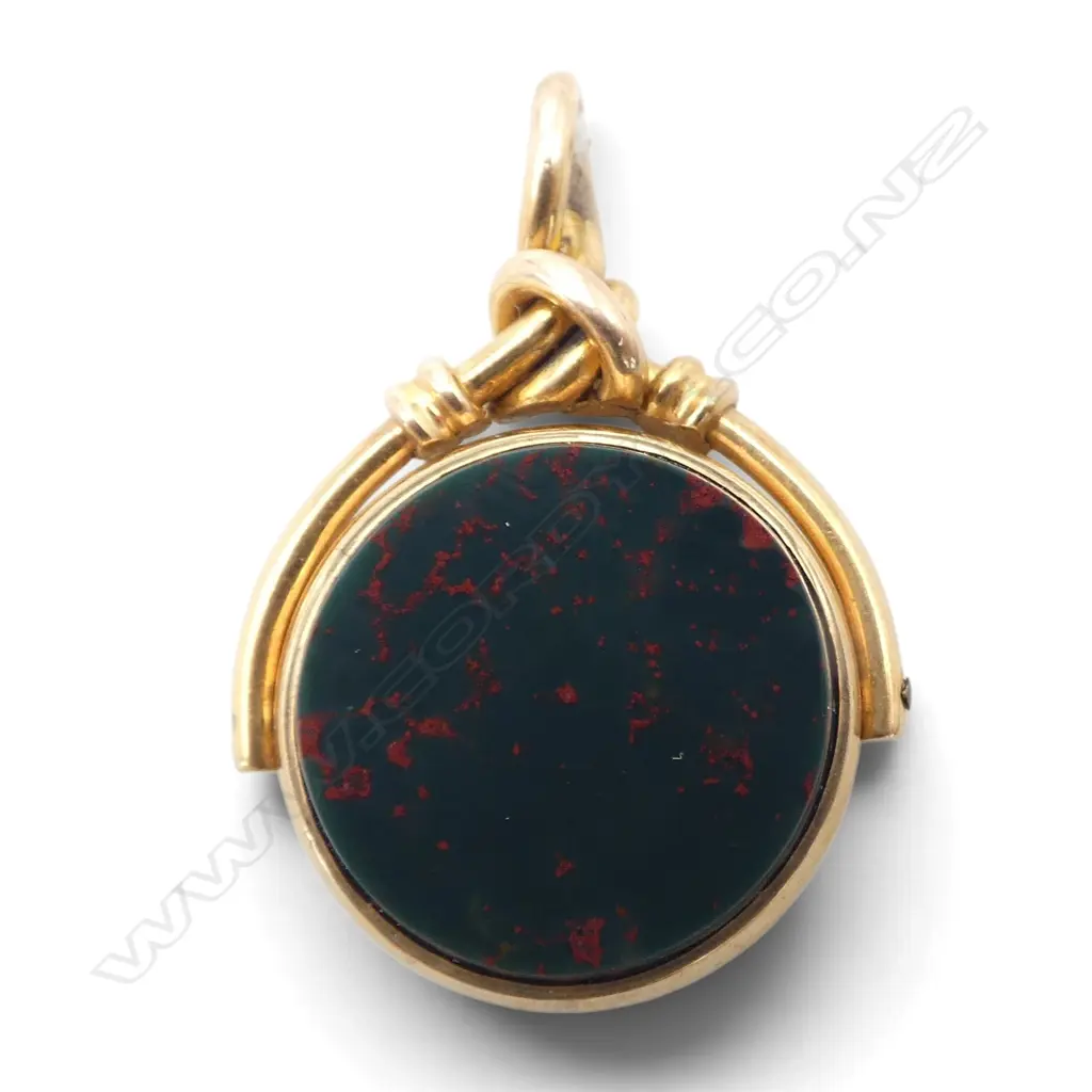 9ct YELLOW GOLD FOB SWIVEL bloodstone & agate panels. Hallmarked 7.6gms Image 1++