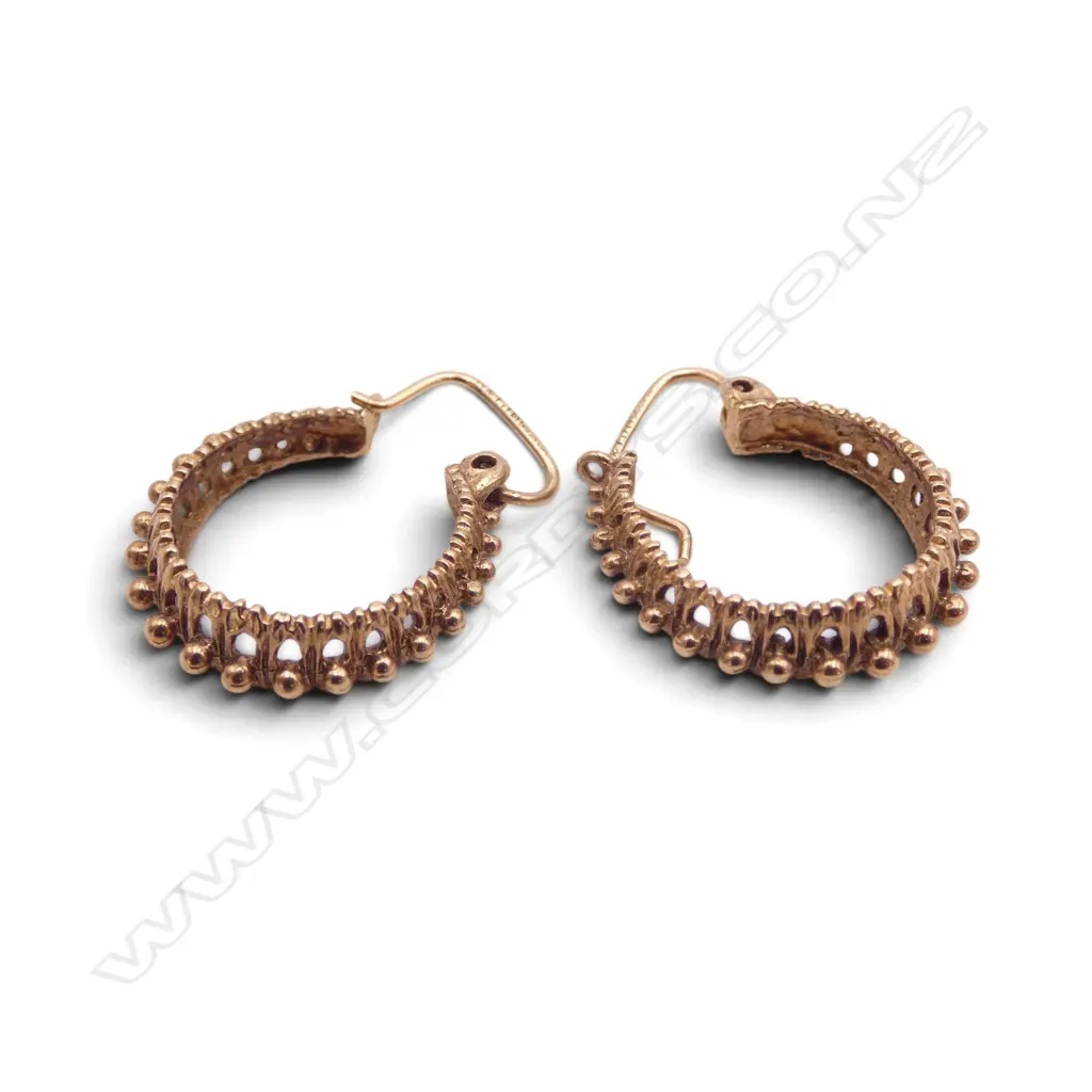 PR 9ct YELLOW GOLD HOOP EARRINGS bead edge textured. 3.7gms Image 1++