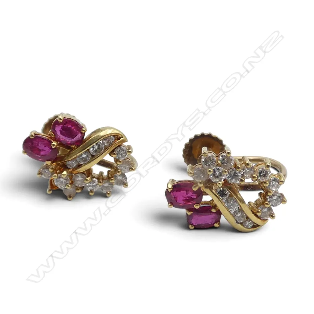PR 9ct GOLD testing RUBY/DIAMOND SCREW-ON EARRINGS 3.12gms one diamond missing Image 1++