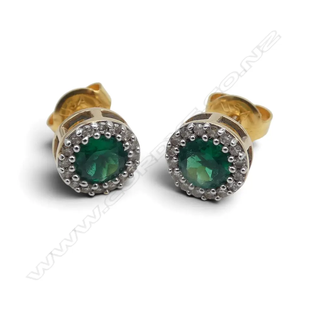 PR 10ct SYNTHETIC EMERALD STUDS stamped 10K CR MHJ 1.5gms (without butterflies) Image 1++