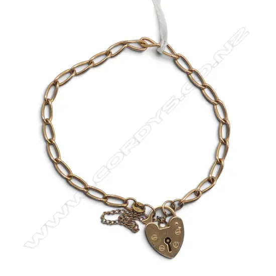 9ct YELLOW GOLD CURB LINK BRACELET heart padlock clasp  6.5gms