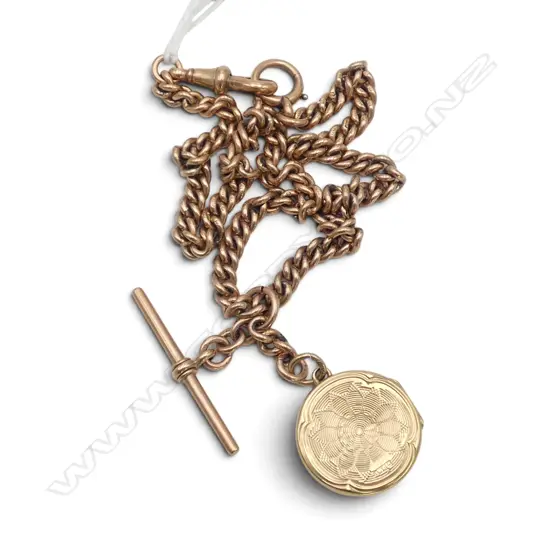 9ct ROSE GOLD VINTAGE CURB LINK FOB CHAIN w T-bar & 9ct locket. 35gms