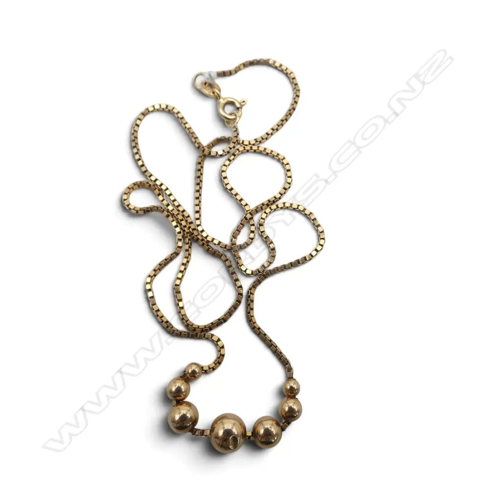 9ct GOLD FINE BOX LINK CHAIN with 7 graduated sliding balls 3.7gms Image 1++