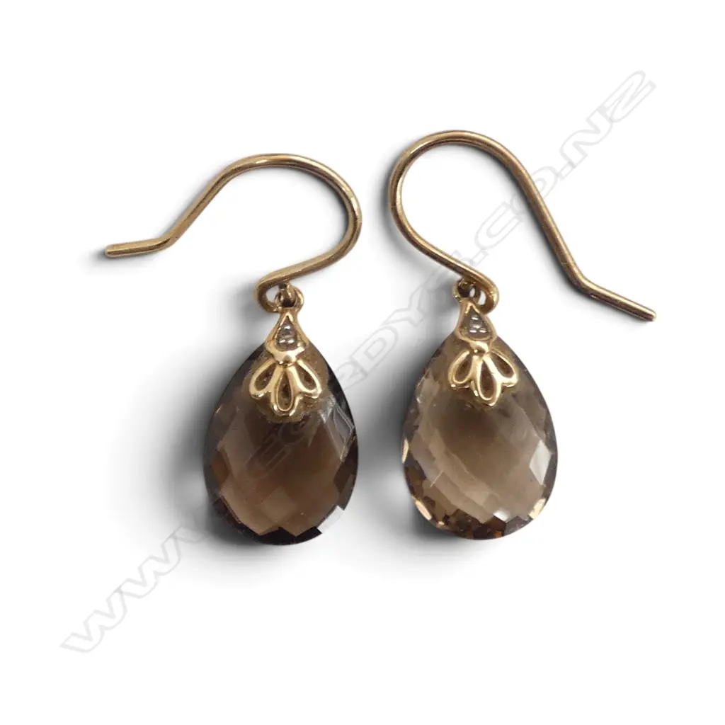 PR 9ct GOLD & FACETED SMOKEY QUARTZ WITH SMALL DIAMONDS SUSPENDED EARRINGS w hooks Image 1++