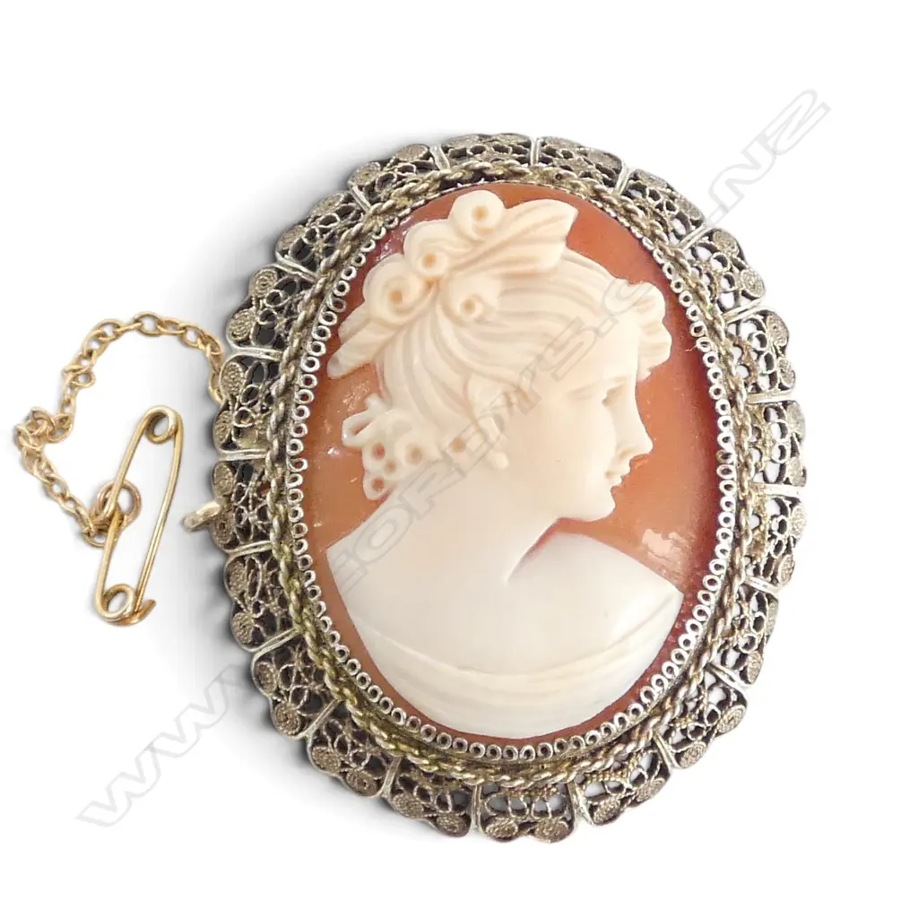 GILDED SILVER FILIGREE CAMEO BROOCH H.45mm Image 1++