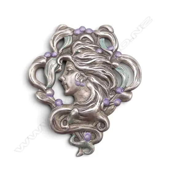 ART NOUVEAU EUROPEAN SILVER & ENAMEL MAIDEN PORTRAIT BROOCH 