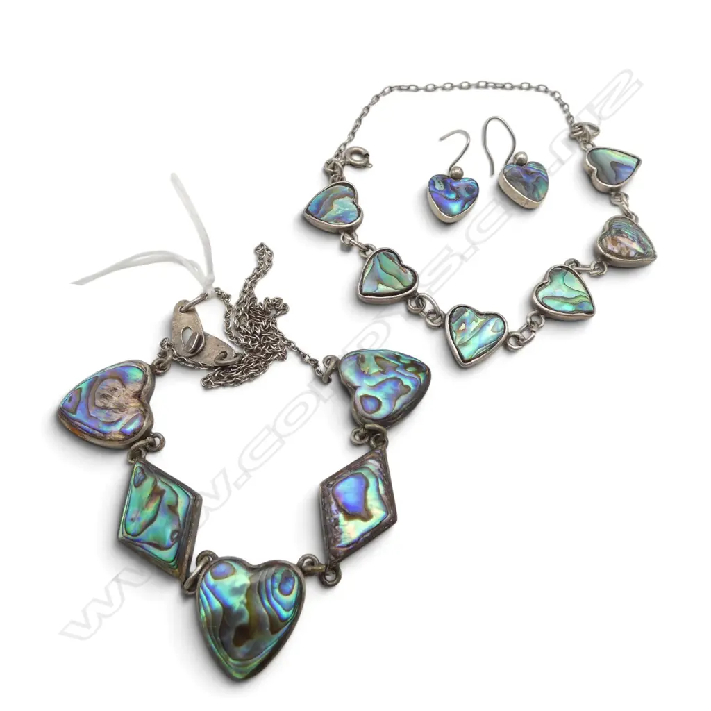 NZ S/SILVER & PAUA HEART PENDANT NECKLACE BRACELET & EARING SET 31.4GMS TOTAL WIEGHT Image 1++