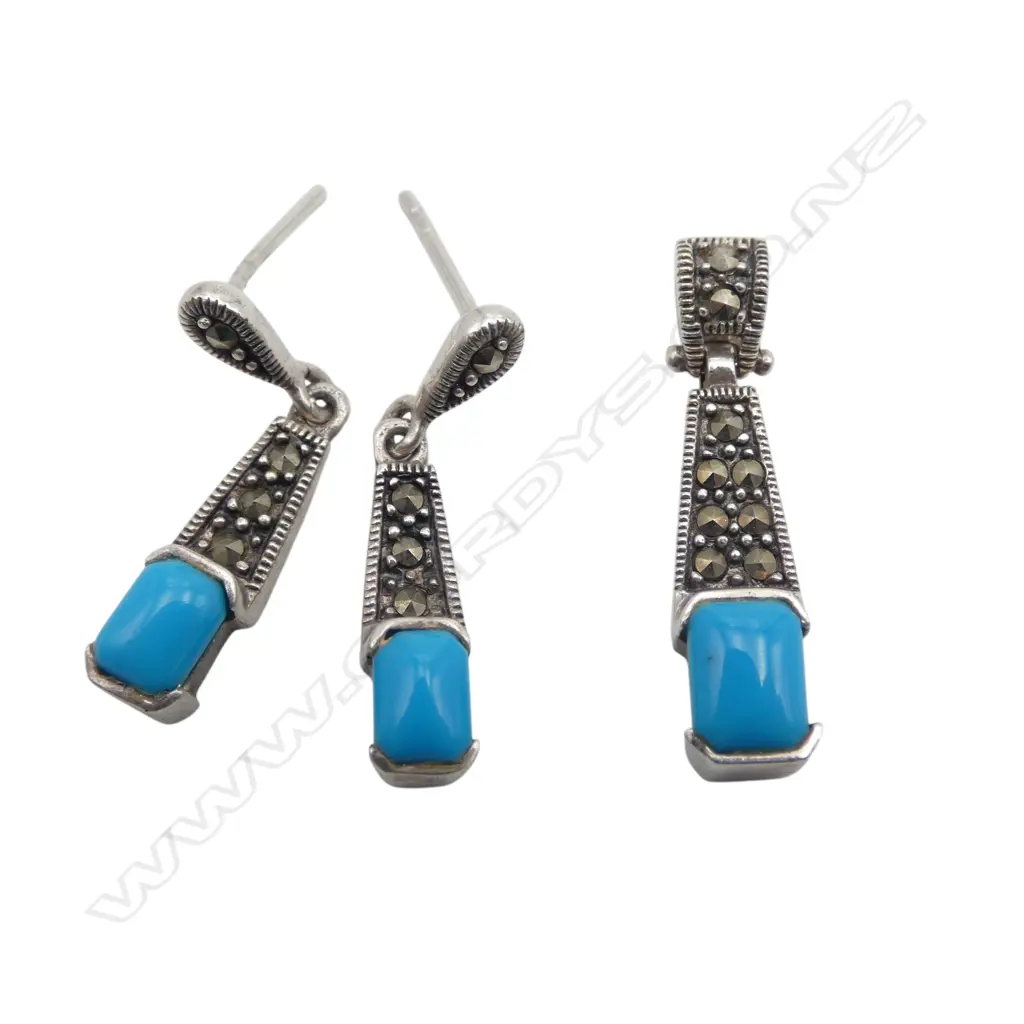 PR STG SILVER TURQUOISE EARRINGS & MATCHING PENDANT L.25MM Image 1++